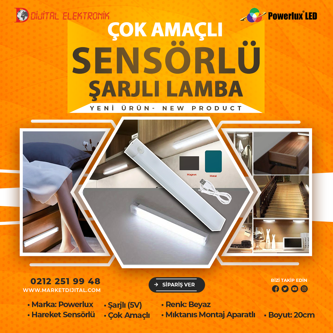 POWERLUX 20CM Çok Amaçlı Şarjlı Hareket Sensörlü Led Lamba