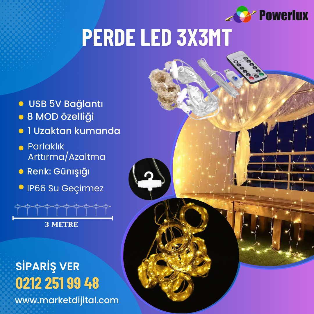 Perde Led 3x3mt Gün Işığı