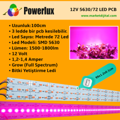 12 Volt 5630(5730) Ledli Led Bar Alüminyum Çubuk 72 Ledli Grow (Full Spectrum)
